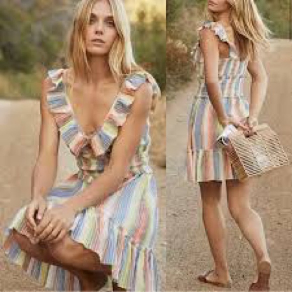 SAYLOR Alma Rainbow Gauze Smocked Ruffle Mini Dress Small Colorful Vacation Trip